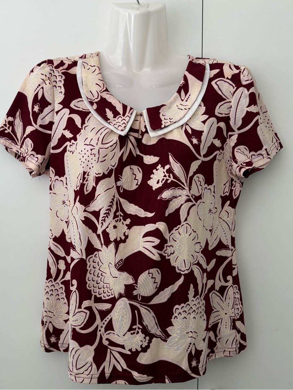 Burgundy & Beige Short Sleeve Blouse Size S-M